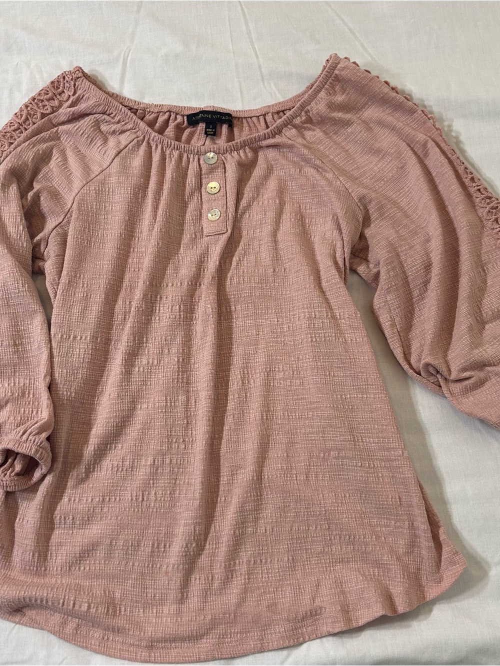 Textured Dusty Rose Henley Blouse with Crochet Shoulder Detail